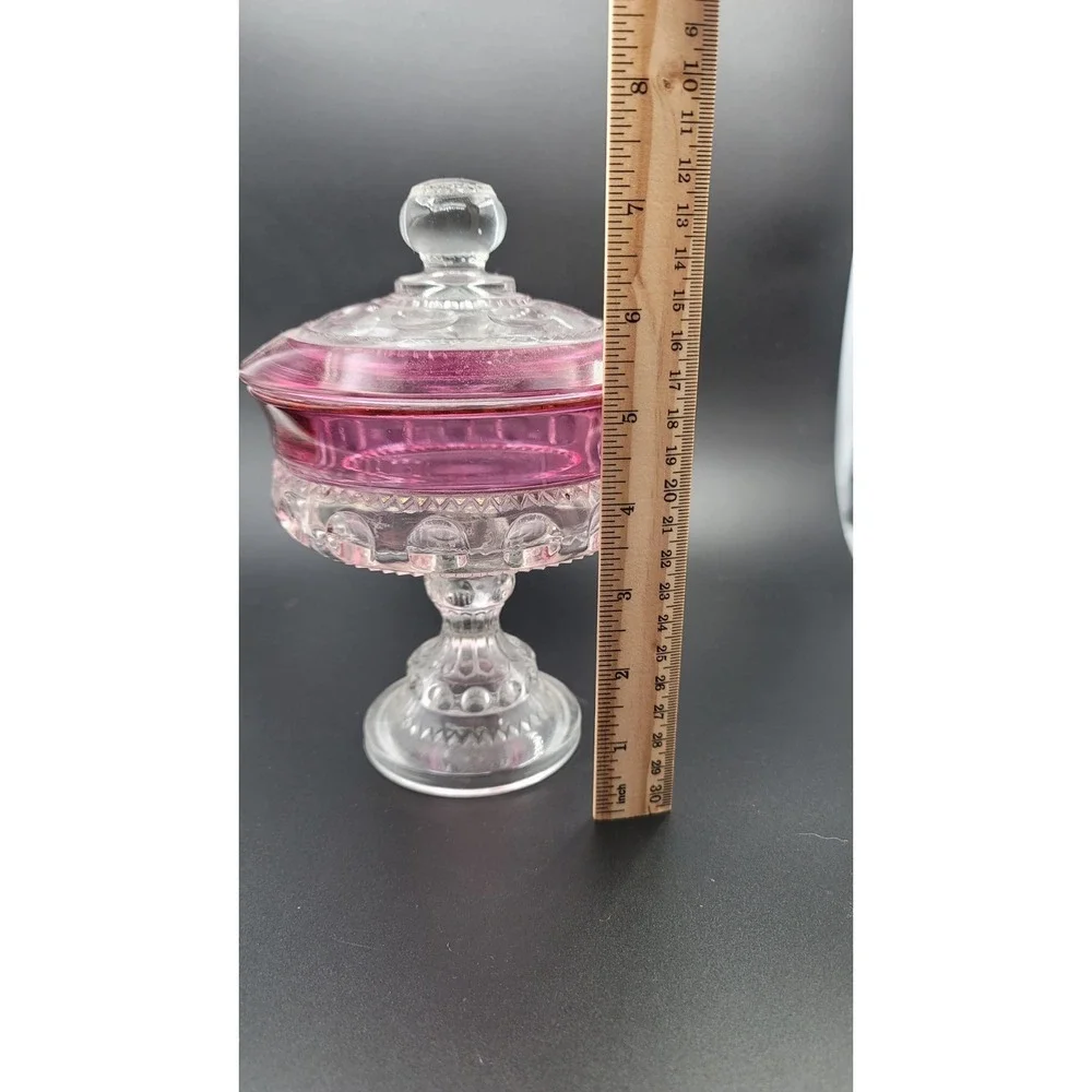 Vintage Clear and Red King's Crown Thumbprint Patterned Glass Lidded dish